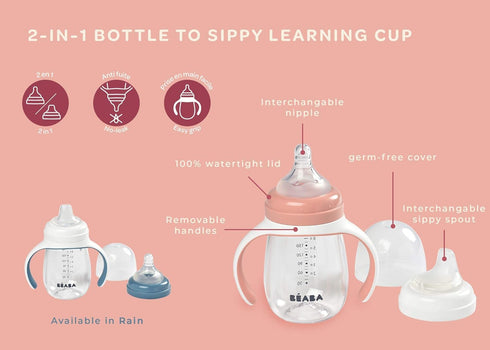 2-in-1 7 oz BEABA Baby Bottle to Transition Sippy Cup, No Spill Sippy Cup, Includes Removable Handles, Silicone Baby