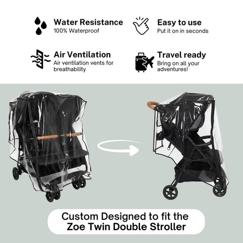 Rain Cover for Zoe Twin Double Stroller by SASHA'S, Zipper Access, Maximum Coverage, Weather Shield (Stroller not