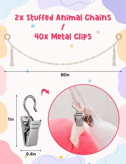 LSLYHTC 2Pcs 40 Stuffed Animals Storage Chain, Hanging Stuffed Animal Holder with Metal Clips, White Cotton Plush Toy