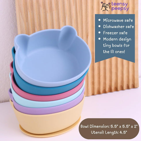6+ Silicone Bear Shaped Baby Bowl with Suction, Spoon & Fork for Babies Months, Infant Feeding BLW Baby Essentials Must