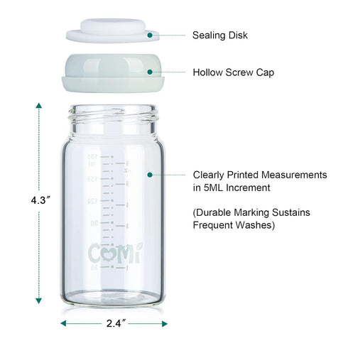 6oz (2 Pack COMI Wide Neck Glass Breastmilk Collection n Storage Bottle, with Screw Ring Sealing Disk; Re-markable