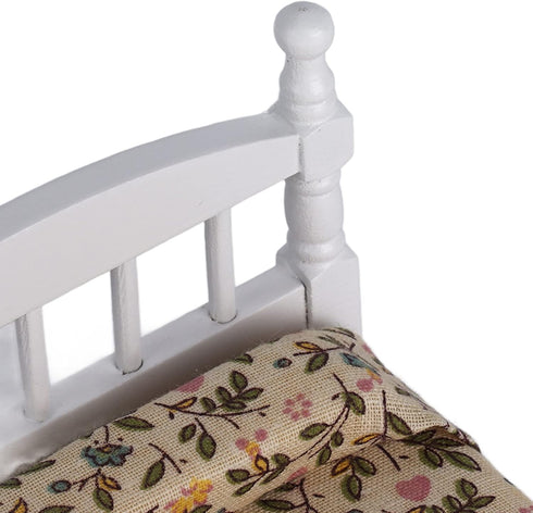 Wooden Doll House Bed, 1:12 Scale Miniature Bedroom Furniture Set with Mattress and Pillows