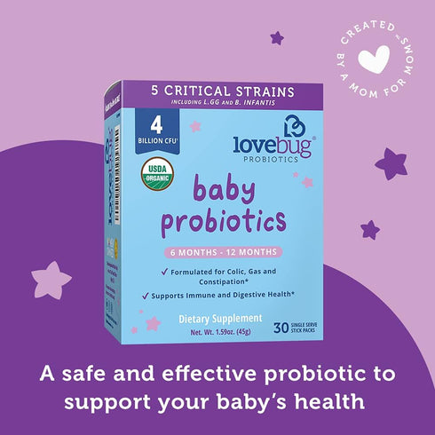 Lovebug Award Winning USDA Organic Probiotic for Babies | Multi-Strain 4 Billion CFU | Easy-to-Take Powder | 60 Packets