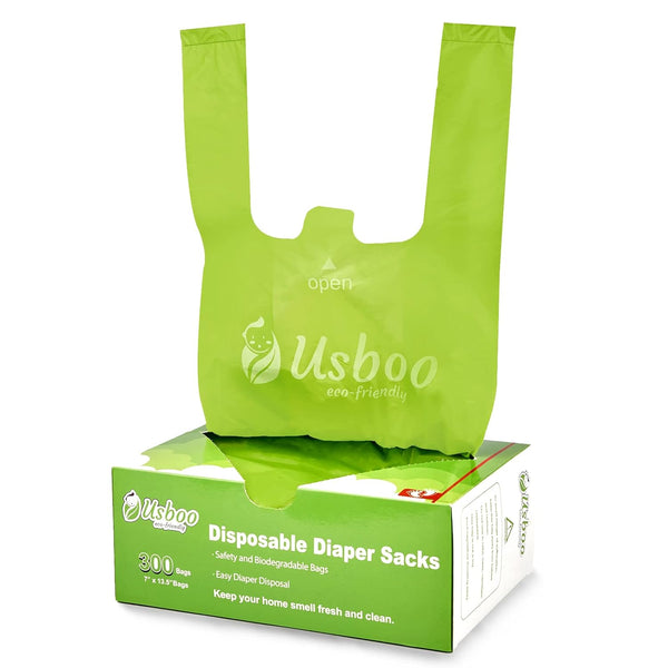 USBOO Baby Disposable Diaper Bags,300 Count Oxo-Biodegradable Diaper Sacks,Easy-Tie Handles,Diaper Disposal or