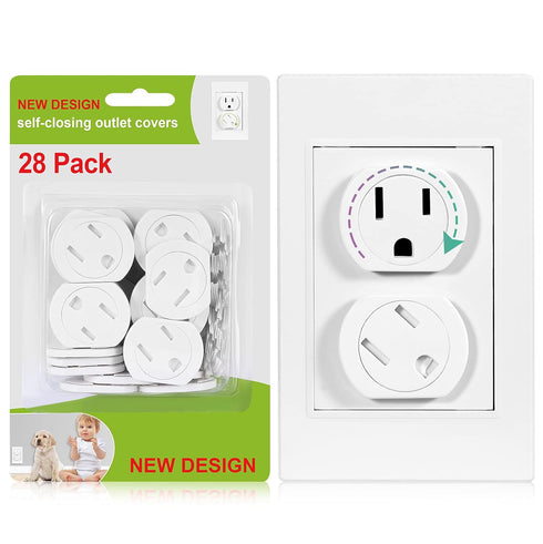 Outlet Covers (28 Pack), Self-Closing Child Proof Socket Covers with Upgraded Adhesive Installation for Baby Safety