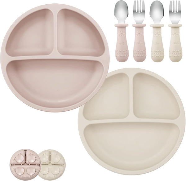 PandaEar 6 Pack Toddler Plates and Utensils Set, 2 Pack Silicone Baby Plates with Suction & 4 Stainless Steel Spoons