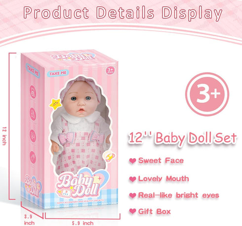 12" Playset Girls,12 Inch Set 3+ Girl Baby Doll With Accessories And Clothes In Gift Box For Little Small Realistic