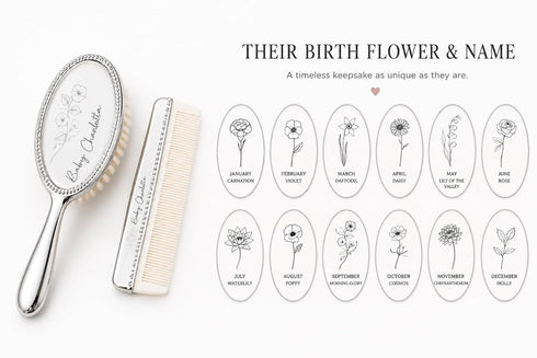 Set Custom Birth Flower Silver Baby Brush Newborn Keepsake Gift