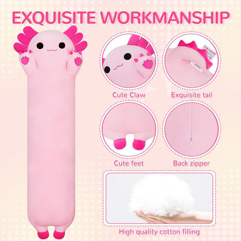 Long Axolotl Plush Toy Body Pillow, 43” Cute Stuffed Animal Gift for Girls and Boys, Soft Kawaii Plushies