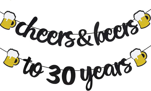 Joymee Cheers to 30 Years Black Glitter Banner for 30th Birthday, Wedding Anniversary Party Supplies Decorations