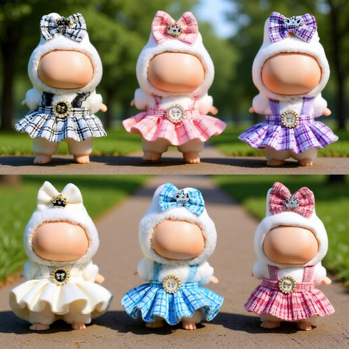 VVQUI (2 Pack) 17cm Set, Clothes for LABUBU Doll (NO Dolls), Black Plaid Outfit & Hot Pink Plaid Dress, Stylish Dress