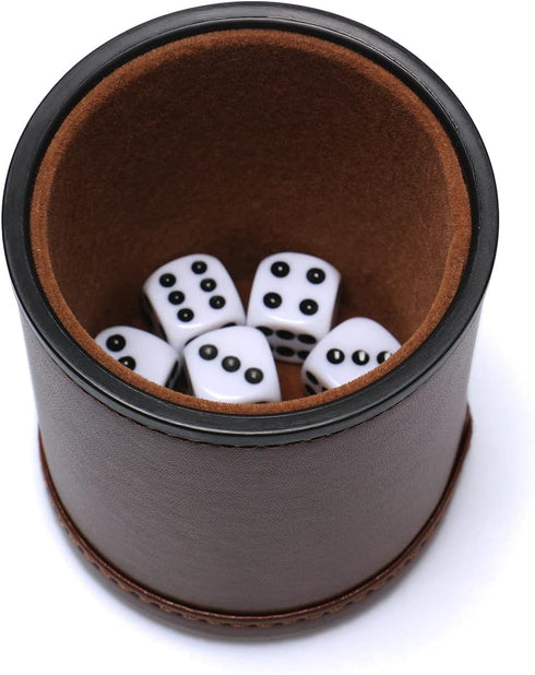 Leather Dice Cup Set - Felt Lining Quiet Shaker with 5 Dot Dices for Farkle Yahtzee Games, Brown