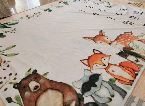 Woodland Baby Monthly Milestone Blanket, 50"x40", Growth Chart with Woodland Animals, Includes Marker