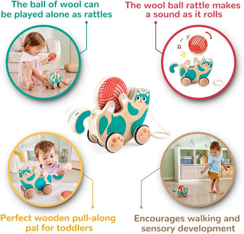 Hape Wooden Walk-A-Long Kitten Pull Toy - Roll & Rattle Push Pull Toy for Toddler, Montessori Toys for Walking
