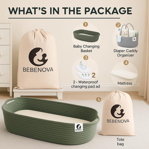 Generic BEBENOVA Baby Changing Basket with Waterproof Pad, Baby Diaper Caddy Organizer, Blanket & Cotton Bag, Portable