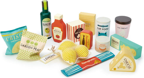 Tender Leaf Toys - Supermarket Grocery Set - 17 Pcs Wooden Pretend Play Food Pack for Age 3+