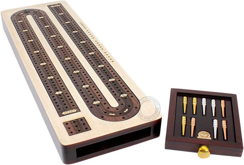 3 Track Continuous Cribbage Board Inlaid in Rosewood, Maple Wood, 12.5 Inches with Storage Drawer for Pegs
