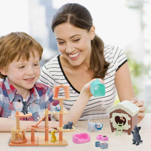 Pet Pretend Play Toys - 48Pcs Cat Figures for Kids, Realistic Cat Care Center with Accessories Toy Sets