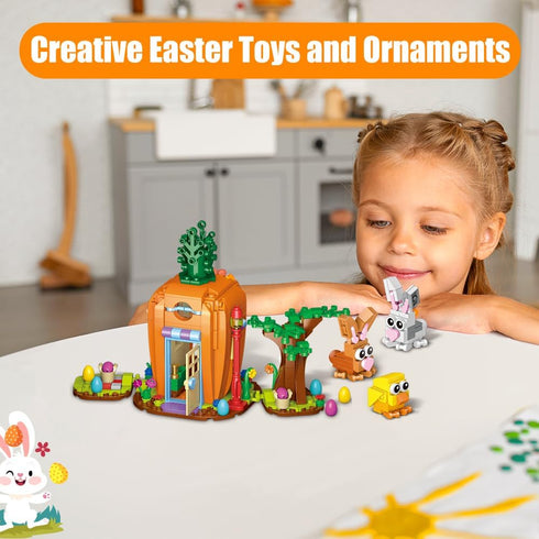 Set, 2 Easter Bunny Carrot House Building Rabbits, Chick, Colorful Easter Egg and Basket Toy, Building Blocks Kit