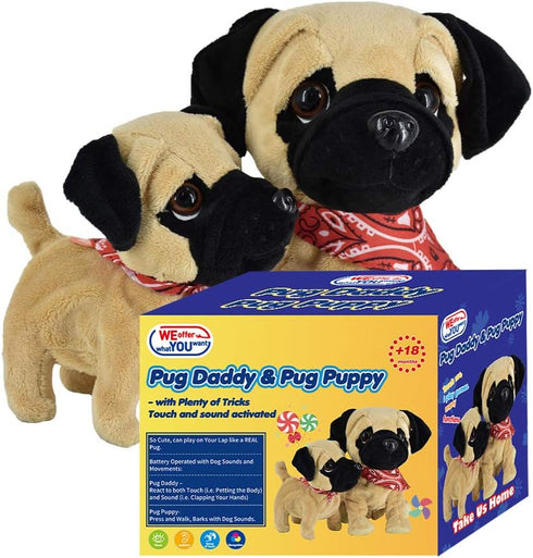 Set WEofferwhatYOUwant Pug Daddy & Pug Puppy Electronic Interactive Plush Dog Toys with Tricks, Barking, Walking Touch