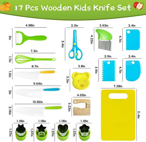 Chanking 17 Set 4+ Pieces Kids Safe Knife for Real Cooking Child-Friendly Plastic Chef Tools Montessori Kitchen Toys