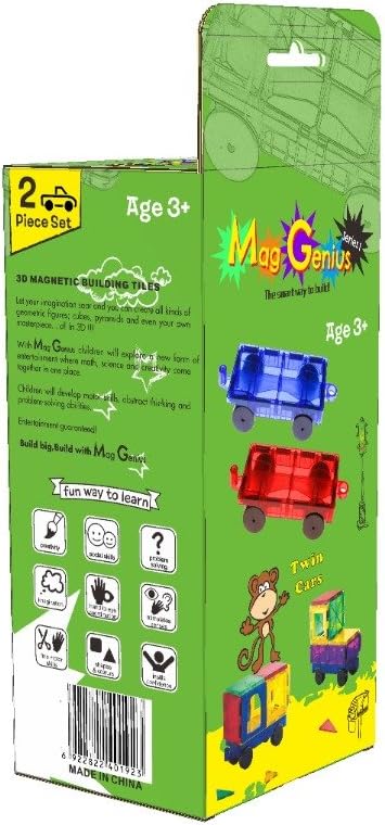 Magnet Tiles Car Set: Magnet Truck Train Building Tile Add-On, Red/Blue, 2 Pieces