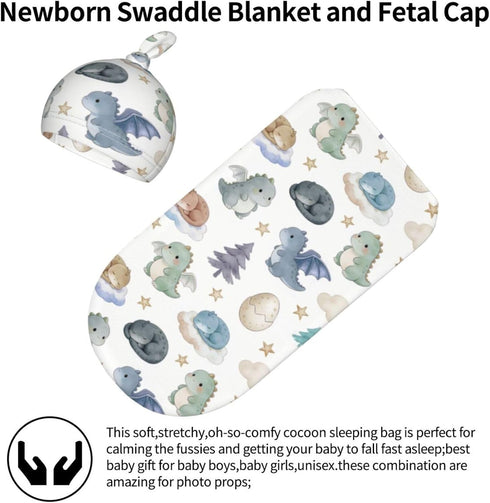 Qwalnely Dragon Swaddle Blanket with Hat for Baby, Swaddling Dragon Theme Baby Stuff
