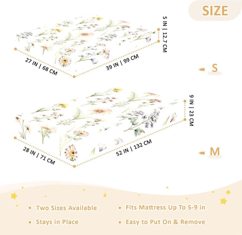 CZXW 52" 28" Botanical Floral Pattern Crib Sheets Fitted x Natural Cotton Soft & Breathable for Baby Crib Mattress