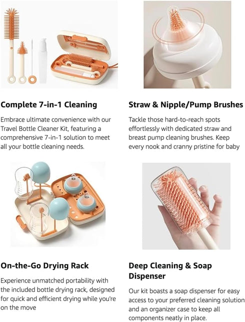 Travel Bottle Cleaner Kit, 7 in 1 Baby Travel Essential Silicone Brush Set, Nipple, Drying Rack, Straw, Organizer Case
