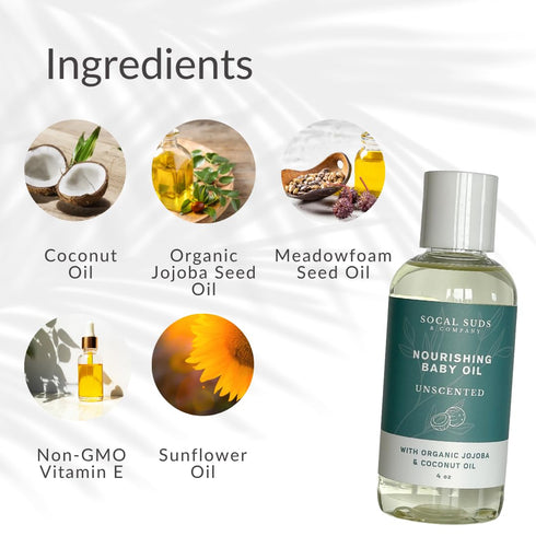 4oz SoCal Suds & Company Natural & Organic Baby Oil - Nourishing Skin with Coconut, Sunflower, Jojoba Oils & Non-GMO