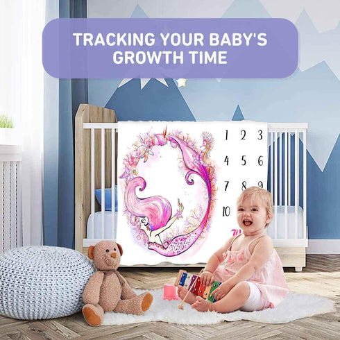 Monthly Milestone Blanket for Baby Girl, Pink Mermaid Watercolor Starfish Seahorse Turtle Seashell Growth Chart