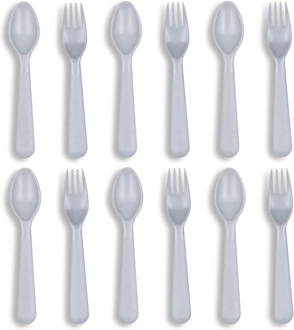 12 Pcs BPA Free Plastic Toddler Utensils Set, Baby Spoons and Forks for Feeding Dinnerware (Grey)