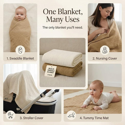 Pack 2 Cozy Set, 40x40 Inches Tummy Muslin Swaddle Blankets of Light Brown & Beige Neutral Baby Blankets, Muslin Baby