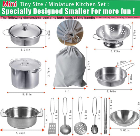 Mini Kids Stainless Steel Cookware Kitchen Toys - Pretend Utensils with Play Pots and Pans Set