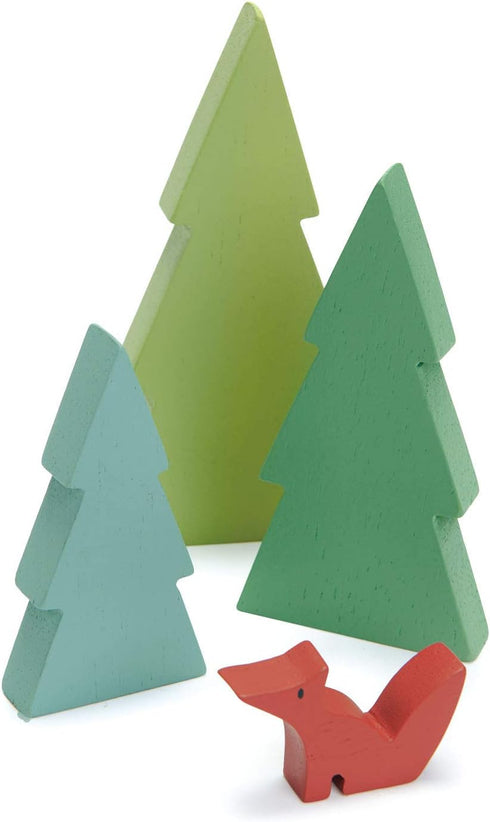 Tender Leaf Toys Fir Tops Set of Three Wooden Fir Trees and a Fox for Kids Train Accessories