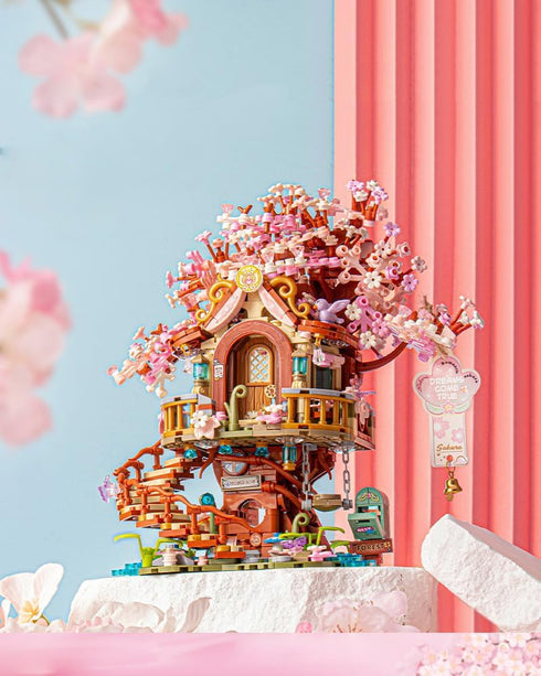 Set, 1149 (1381) Japanese Sakura Tree House Building Blocks Pink Cherry Tree Bonsai Creative Architecture, Home Decor