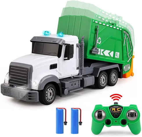2.4G RC Garbage Truck Toy with Lights, 6 Channel Remote Control Waste Management Truck with 2 Rechargeable Batteries