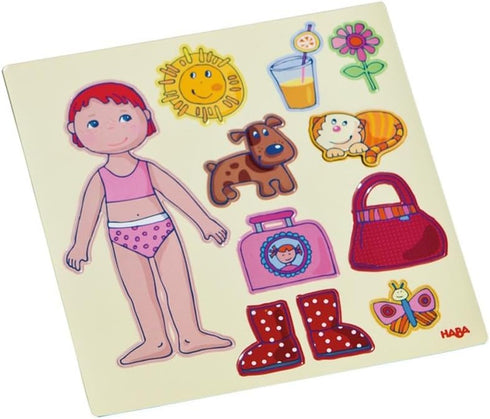 HABA Dress-up Doll Lilli Magnetic Game Box - 54 Magnet Pieces and 4 Backgrounds in a Metal Tin Sturdy