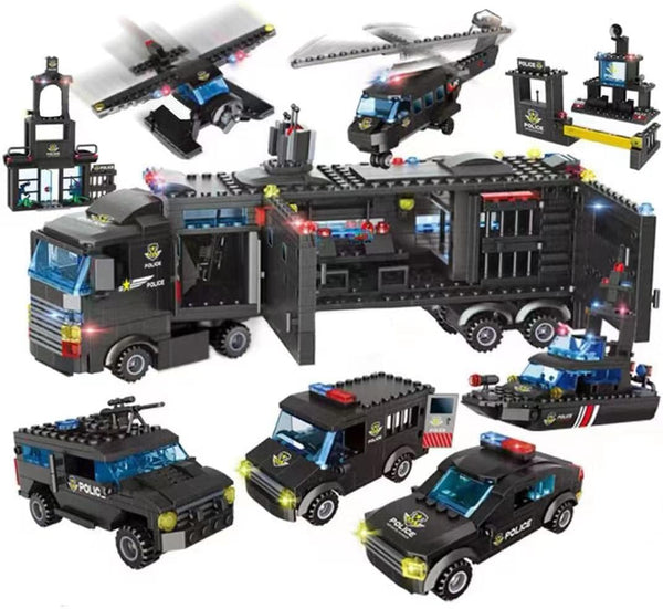 1102 Pieces City Police Station Building Kit with SWAT Mobile Command Center Truck, Police Car, Helicopter, Patrol Boat