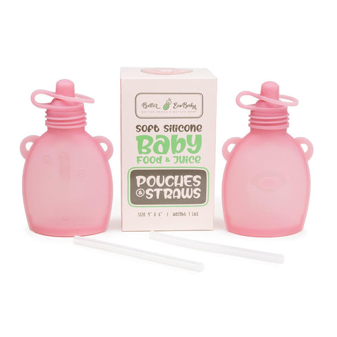 Reusable Baby Food Pouches, 5oz Leakproof Squeezy Self Feeding Toddler Sippy Cup with Straw, Pink, 2 Pack