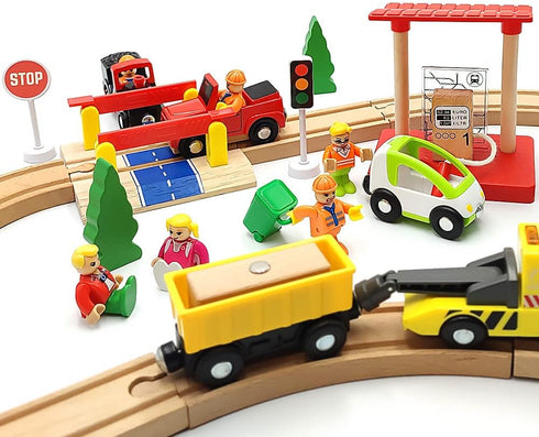 DSHMIXIA Set 3-5 Wooden Crane Toy with Train Cars - Compatible with Major Wooden Rail Brands - Ages