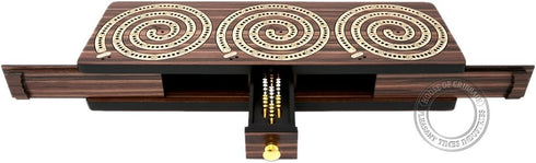 Spiral Design Continuous Cribbage Board/Box - 3 Track in Rosewood/Maple Wood with Storage for Cards & Pegs