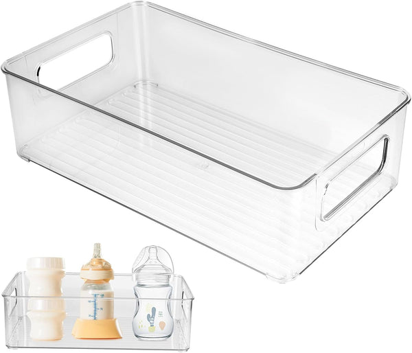 Plastic Baby Bottle Nursery and Food Organizer, Storage Holder Bin with Handles for Closet, Cabinet, Drawers, Clear