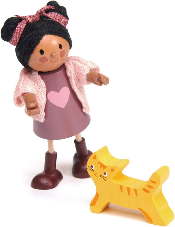 Tender Leaf Toys - Ayana and Her Cat - Wooden Miniatures Flexible Doll, Multicultural Action Figure for Dollhouse,