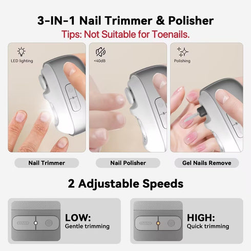 generic 3-in-1 2-Speed Trimmer Rechargeable Electric Nail Clipper Automatic Nail Polisher with LED Light Clip Storage