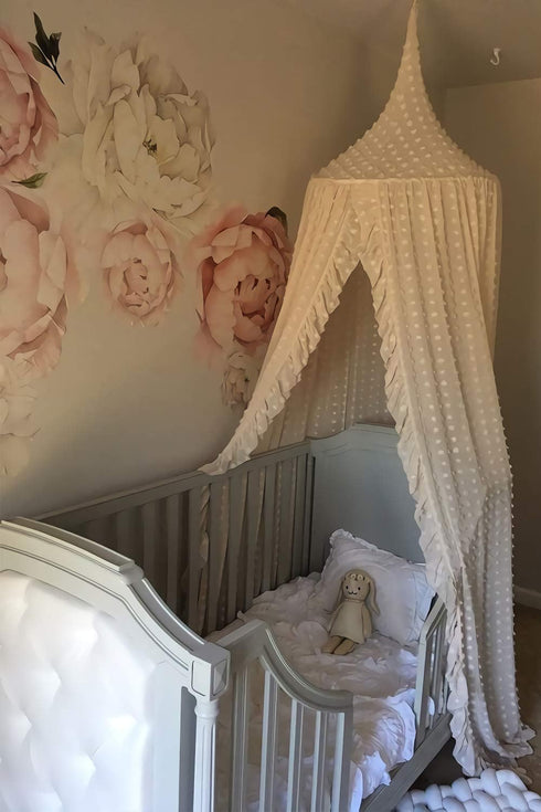 Wonder Space Elegant Kids Bed Canopy - Lace Chiffon Netting with Pom Pom, Princess Girls Fairy Dream Tent, Nursery Room