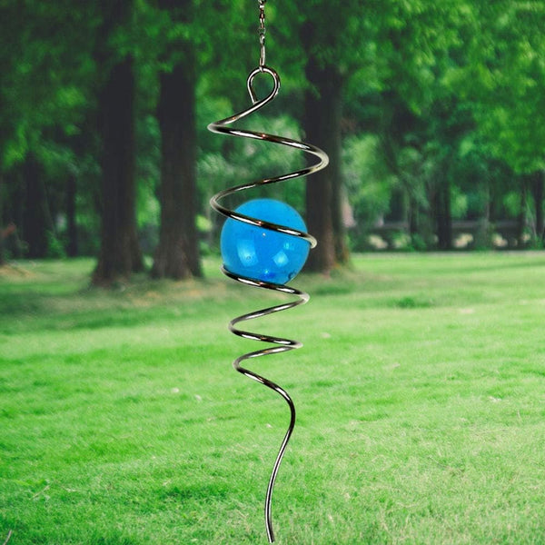 Gazing Ball Spiral Decorative Wind Spinner, 13 Inch with Swivel Hook and 2 Inch Aquamarine Glass Ball for Unique Indoor
