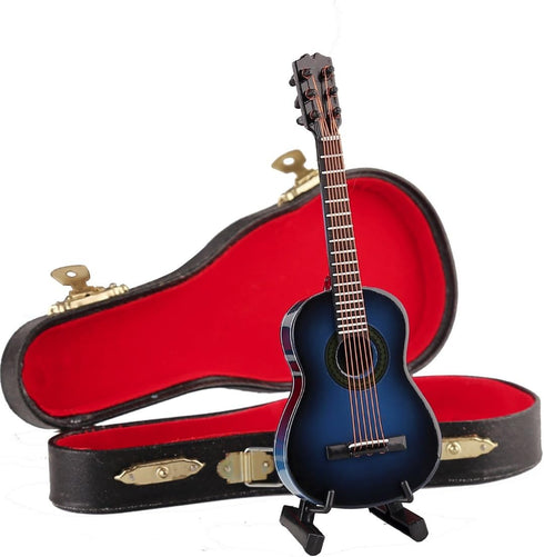 Dselvgvu Wooden Miniature Guitar with Stand and Case, Classic Blue Model for Dollhouse Decoration, 5.12"x1.86"x0.68"