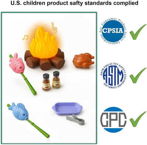 Set: 3,4,5,6 Educational Kids Camping Fake Campfire with Grill Sticks, Pretend Play Food, and Grill Kit - Perfect