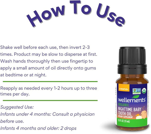 4 (0.5 Oz) Wellements Organic Nighttime Baby Tooth Oil for Months+ Fl - Baby Teething Relief Oil* for Soothing